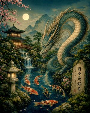Japanese Dragon and Koi Garden Matted Art Print