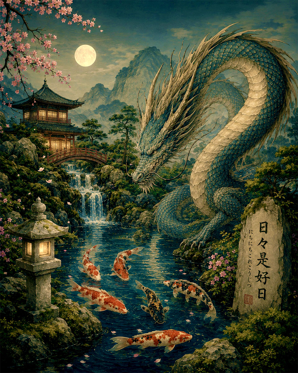 Japanese Dragon and Koi Garden Matted Art Print