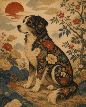 Japanese Folding Screen Style Dog Illustration Painted on Parchment with Wabi Sabi Elements and Flowing Asymmetrical Layouts - Matted Art Print