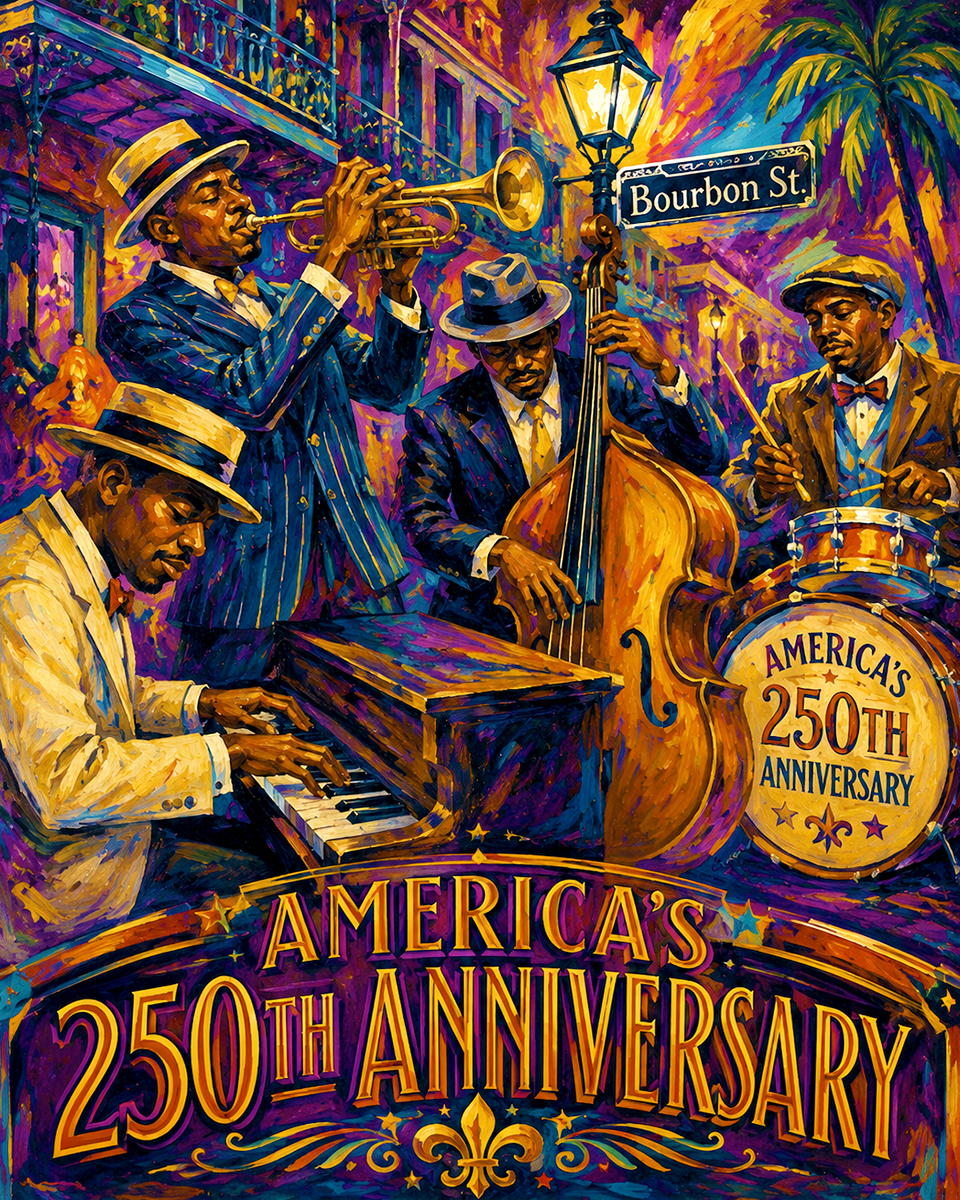 Jazz Age New Orleans Musicians Colorful Expressionism Art Matted Print - America's 250th Anniversary