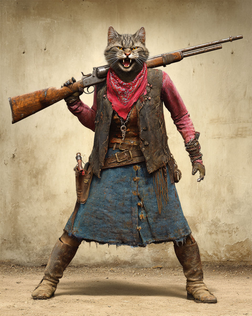 Jesse the Outlaw Cowgirl Cat - Matted Art Print for Southwestern Living Room Decor