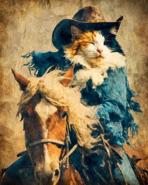 Kane the Cowboy Cat Riding Rory - Matted Art Print for Texas Ranch House Style Art