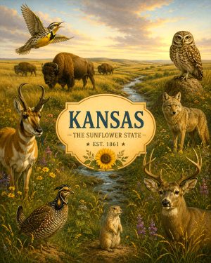 Kansas-Plains-Wildlife-Collage-Matted-Art-PrintQQPrairie-Animals-and-Birds-Artwork
