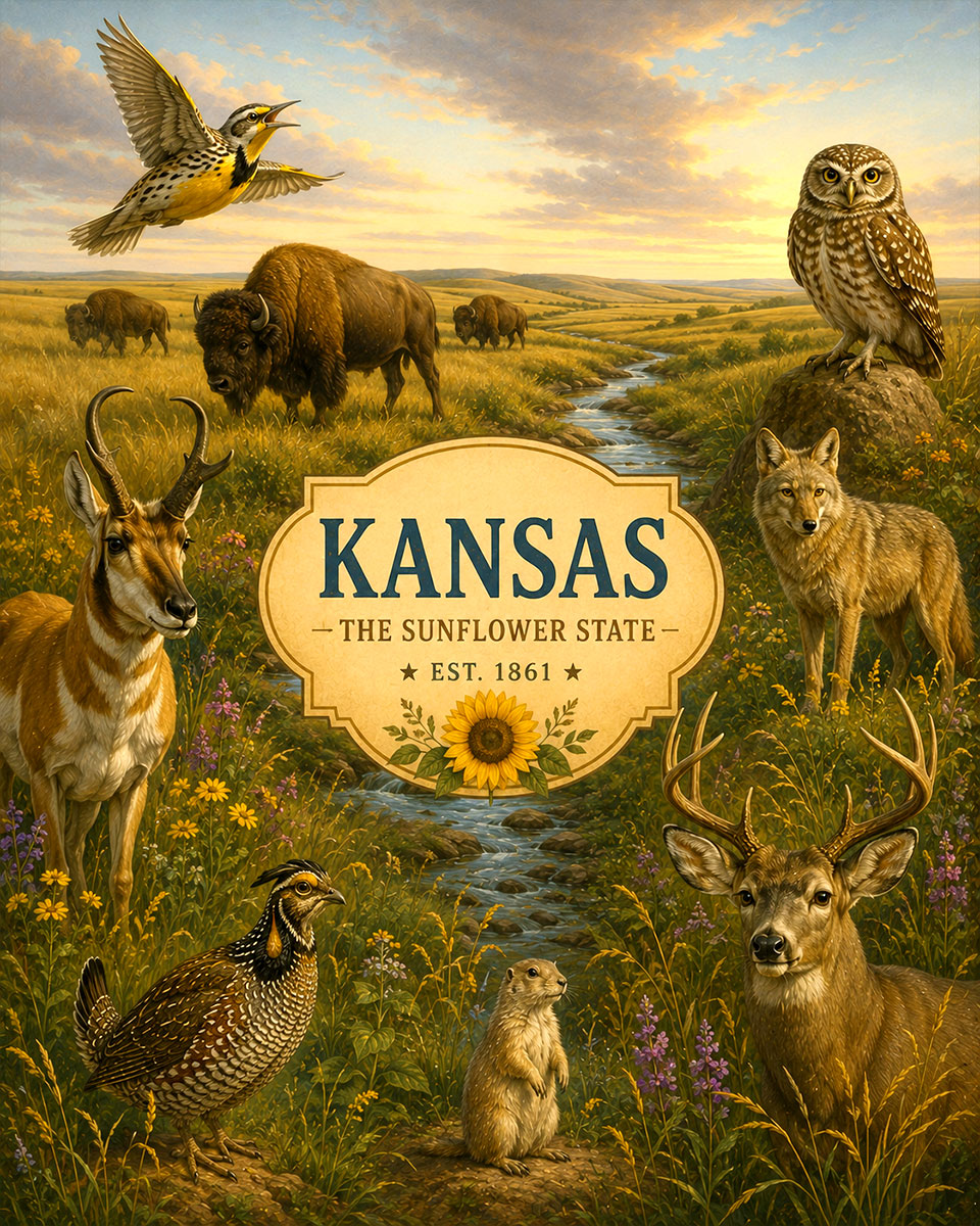Kansas-Plains-Wildlife-Collage-Matted-Art-PrintQQPrairie-Animals-and-Birds-Artwork