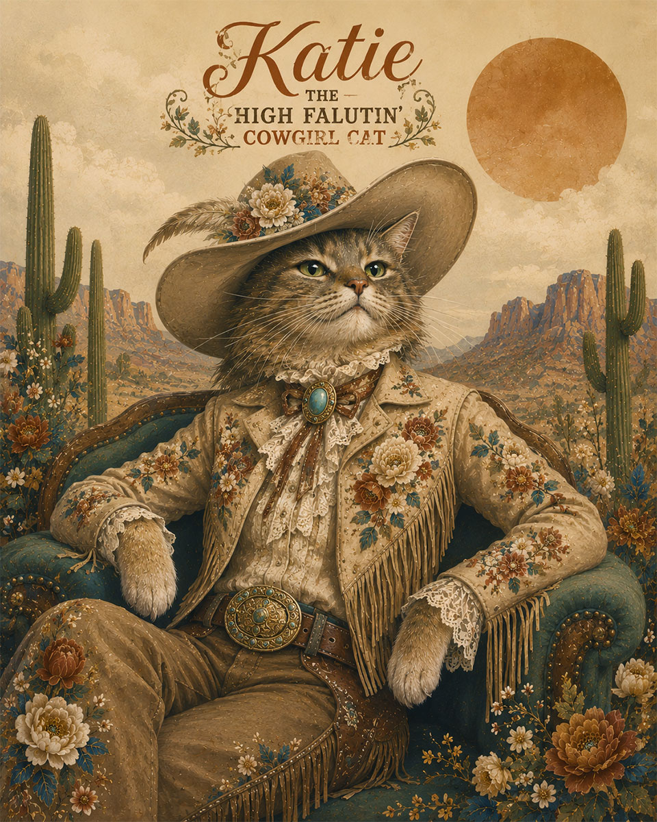 Katie the High Falutin Cowgirl Cat - Matted Art Print for Wabi Sabi Southwest Bedroom Gallery