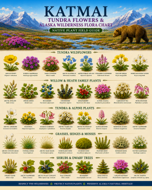 Katmai Tundra Flowers & Alaska Wilderness Flora Chart Matted Art Print - Native Plant Field Guide