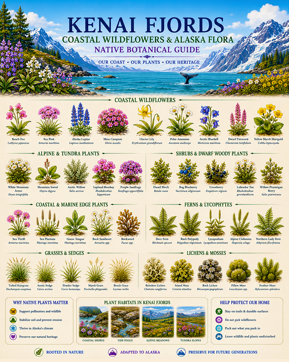 Kenai Fjords Coastal Wildflowers & Alaska Flora Chart Matted Art Print - Native Botanical Guide