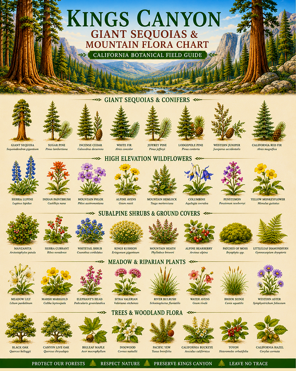 Kings Canyon Giant Sequoias & Mountain Flora Chart Matted Art Print - California Botanical Field Guide