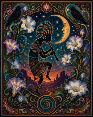 Kokopelli & Moonflowers Night Scene Southwestern Matted Art Print - Wholesale Retail Decor