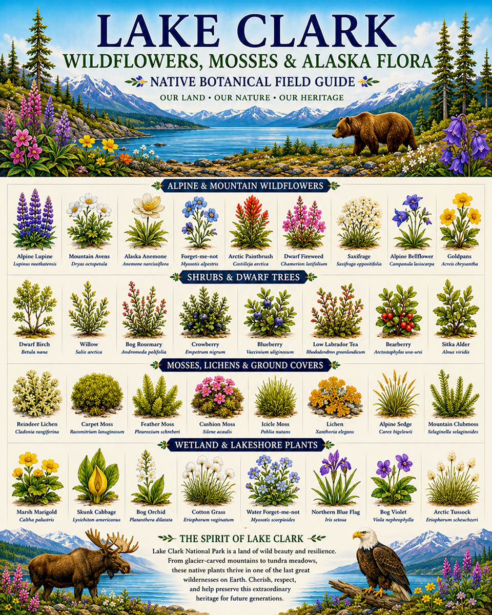 Lake Clark Wildflowers Mosses & Alaska Flora Chart Matted Art Print - Native Botanical Field Guide