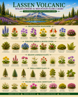Lassen Volcanic Wildflowers & Mountain Flora Chart Matted Art Print - California Plant Identification Guide