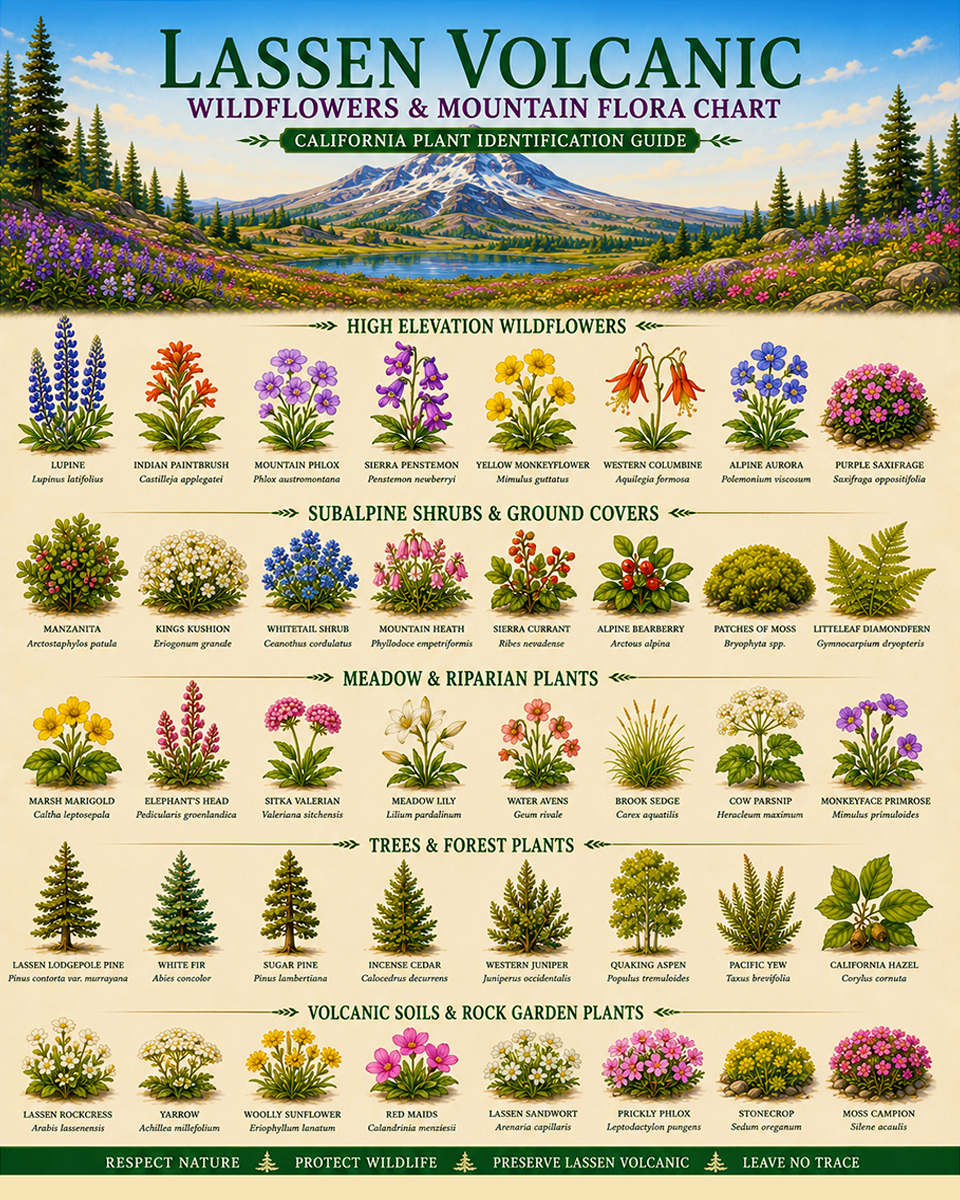 Lassen Volcanic Wildflowers & Mountain Flora Chart Matted Art Print - California Plant Identification Guide