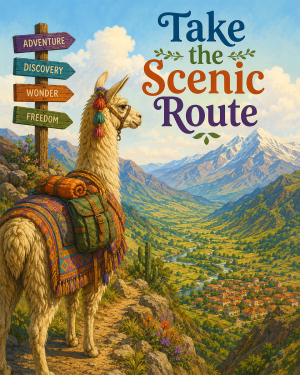 Llama Adventure Wall Art Matted Art Print - Mountain Travel Decor with Inspirational Saying