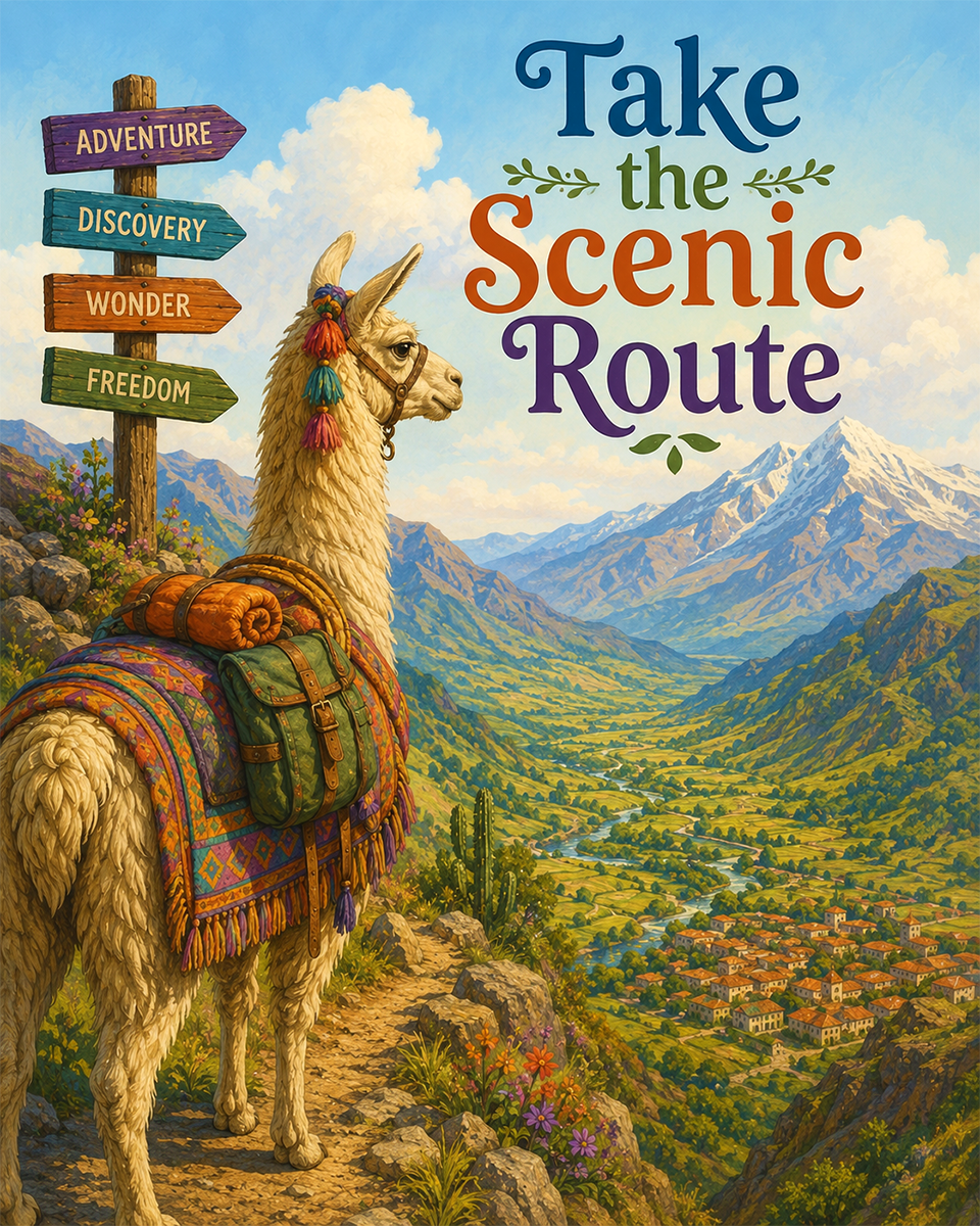 Llama Adventure Wall Art Matted Art Print - Mountain Travel Decor with Inspirational Saying