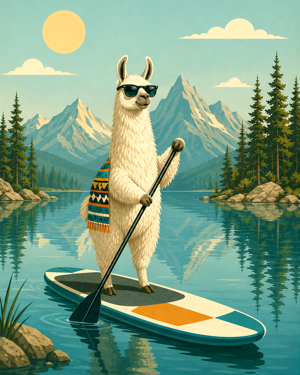 Llama Paddleboarding on Calm Mountain Waters Matted Art Print - Wholesale Nature Lover Gift