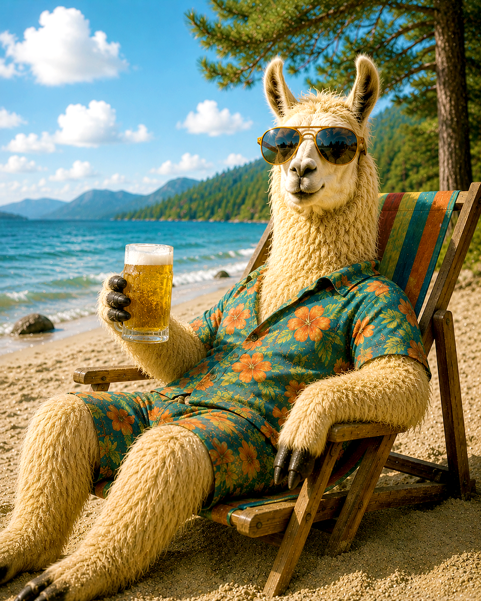 Llama Relaxing on Sandy Beach with Tropical Drink Matted Art Print - Wholesale Whimsical Art