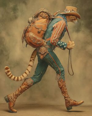 Long Legged Larry the Backpacking Cowboy Cat - Matted Art Print for Texas Ranch House Style Art