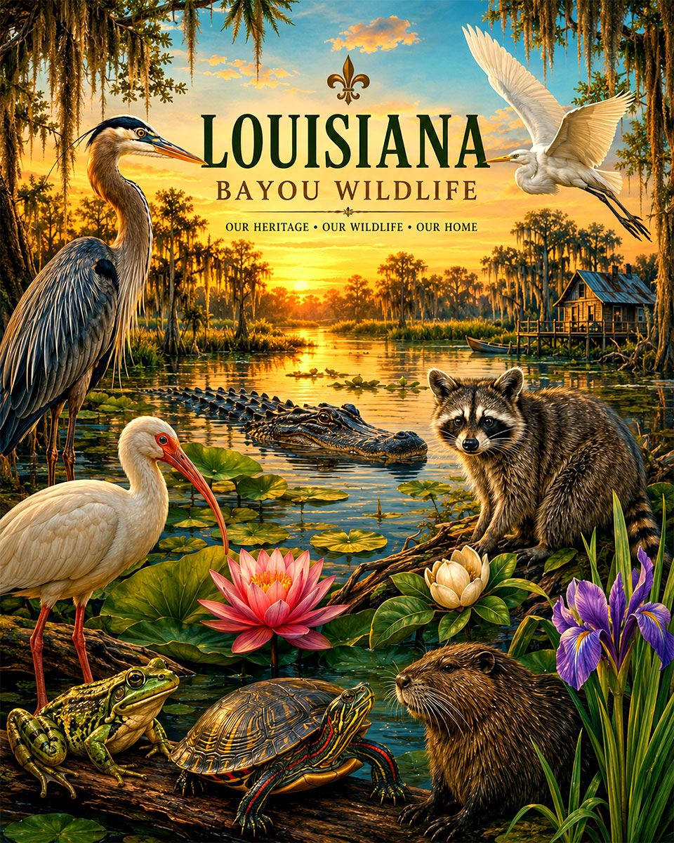 Louisiana-Bayou-Wildlife-Collection-Matted-Art-PrintQQSwamp-Nature-Wall-Art