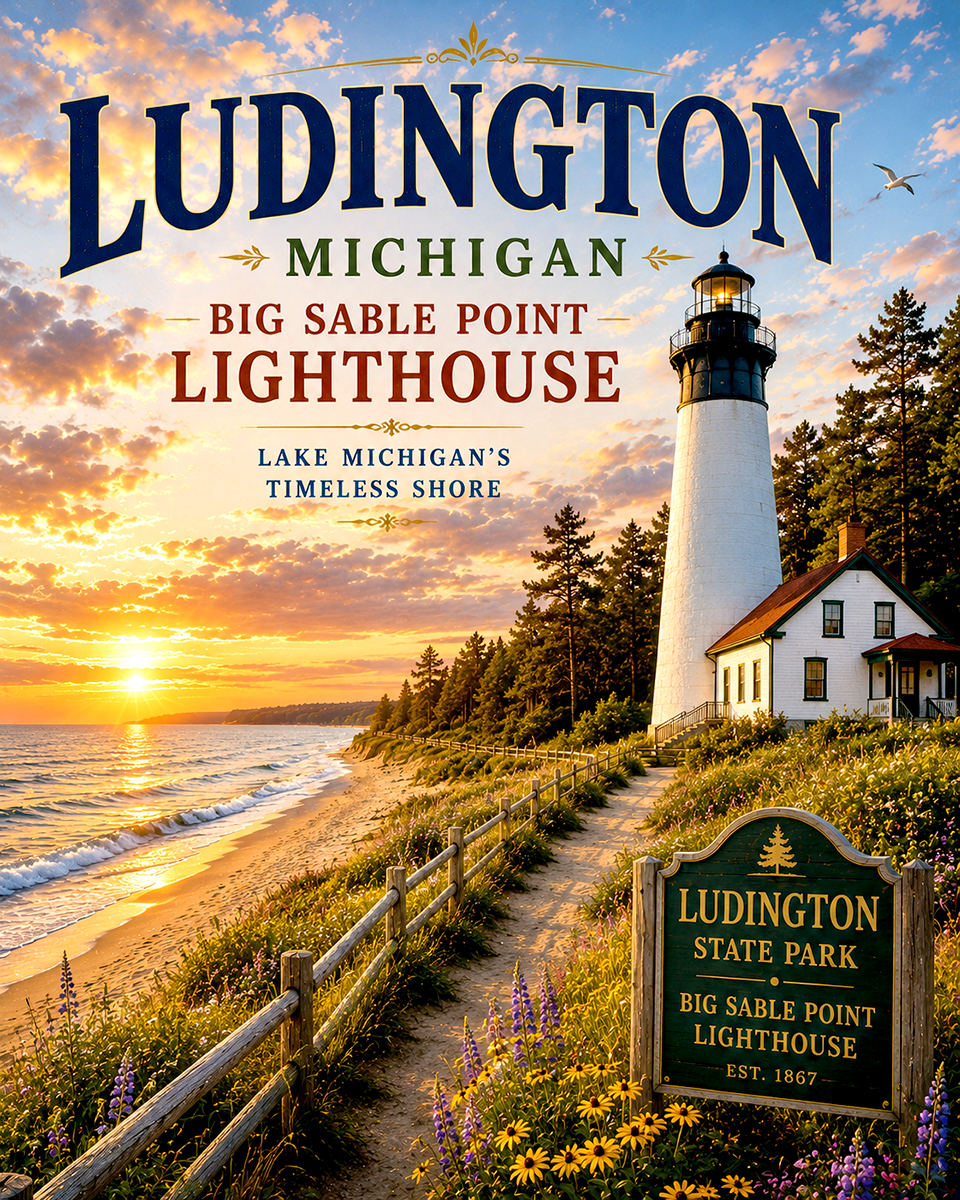 Ludington Michigan Big Sable Point Lighthouse Matted Art Print - Wholesale State Park Souvenir Decor