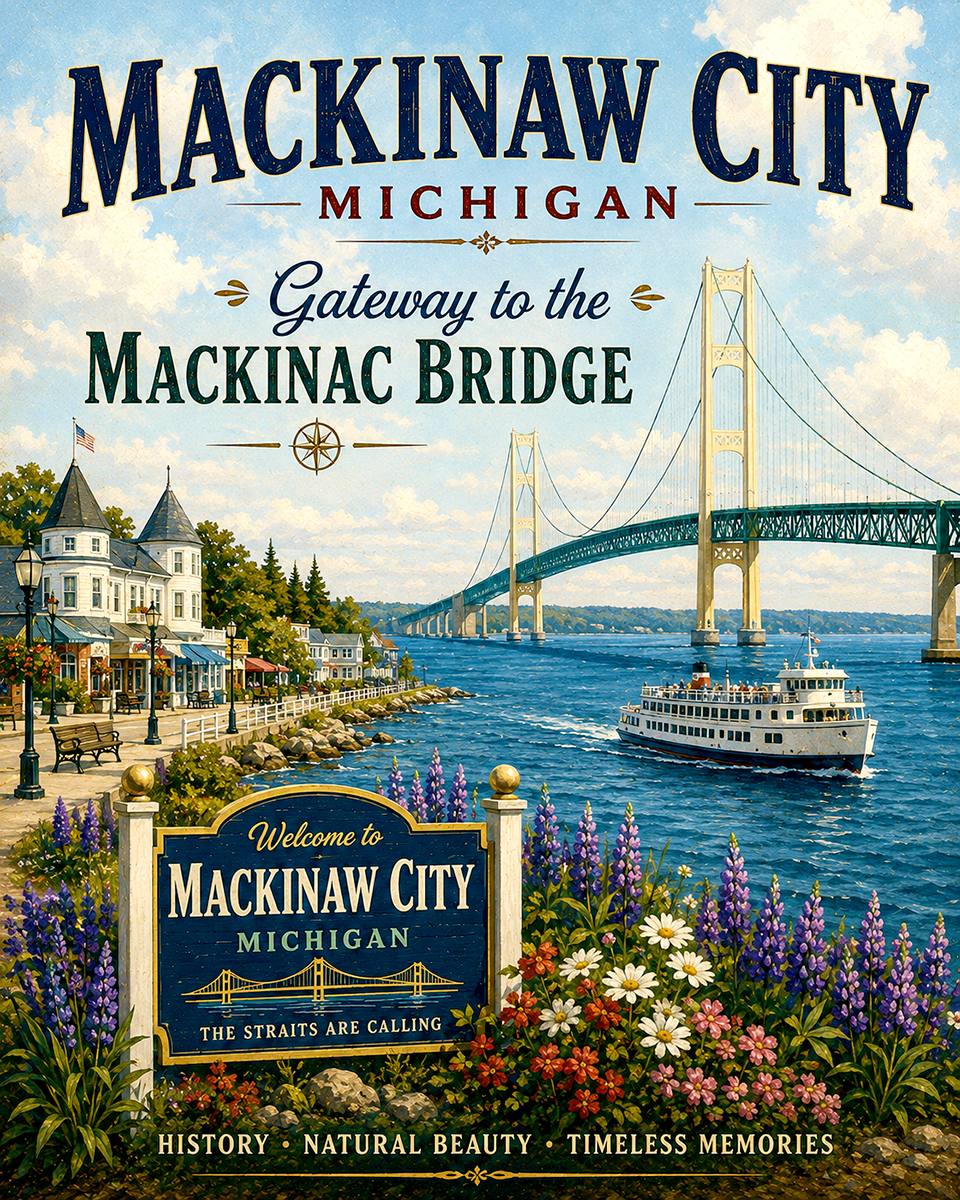 Mackinaw City Michigan Mackinac Bridge Gateway Matted Print - Classic Wholesale Michigan Souvenir