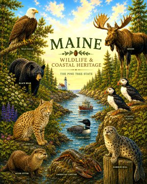 Maine-Wildlife-and-Coastal-Heritage-Matted-Art-PrintQQMoose-Puffins-and-Wilderness-Art