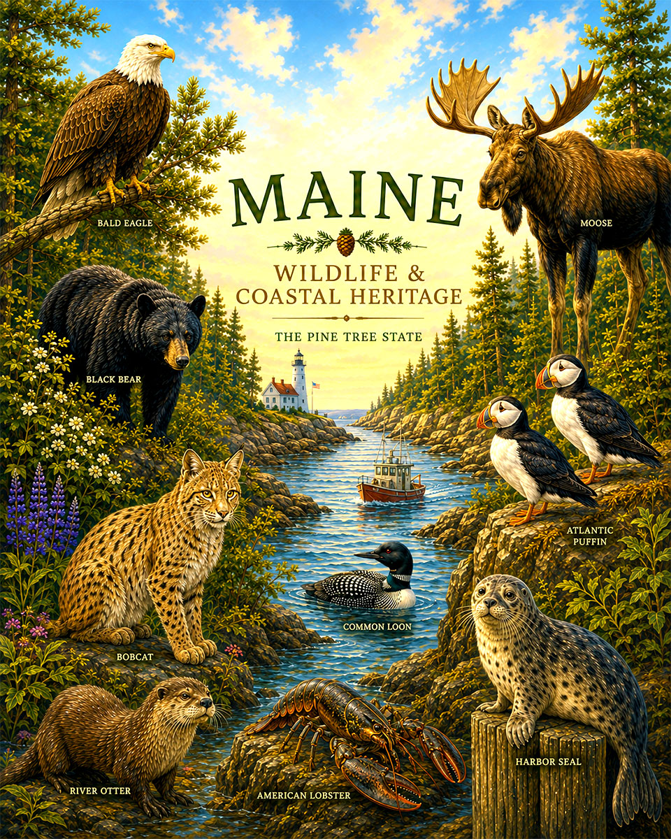 Maine-Wildlife-and-Coastal-Heritage-Matted-Art-PrintQQMoose-Puffins-and-Wilderness-Art