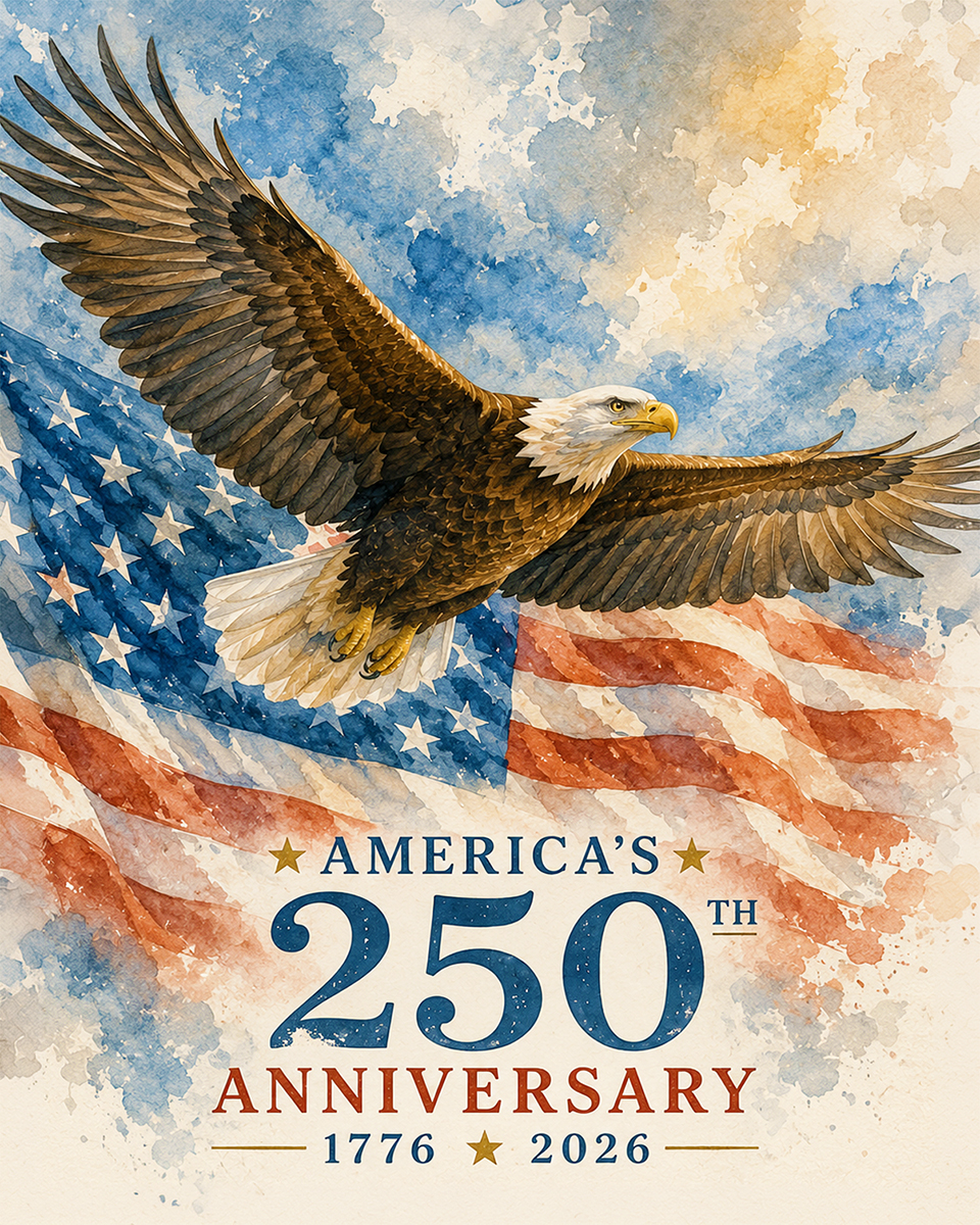 Majestic Soaring Bald Eagle over American Flag Watercolor Matted Print - America's 250th Anniversary