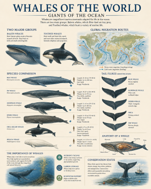 Marine Biology Infographic Featuring Whales of the World — Migration Route - Tail Shapes and Species Comparisons