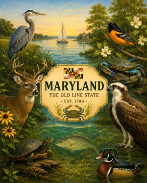 Maryland-Native-Wildlife-Matted-Art-PrintQQChesapeake-Bay-Animal-Collage