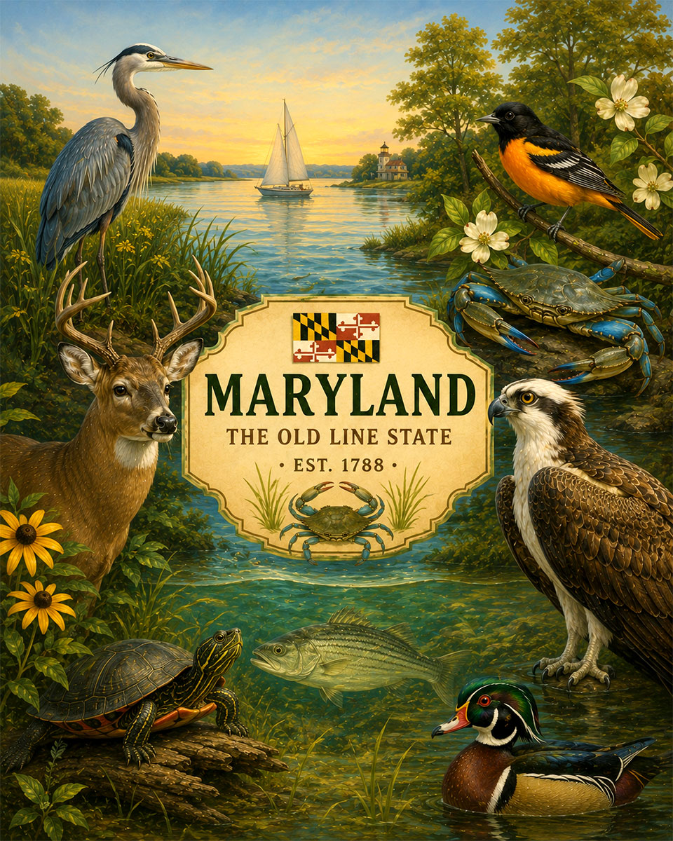 Maryland-Native-Wildlife-Matted-Art-PrintQQChesapeake-Bay-Animal-Collage