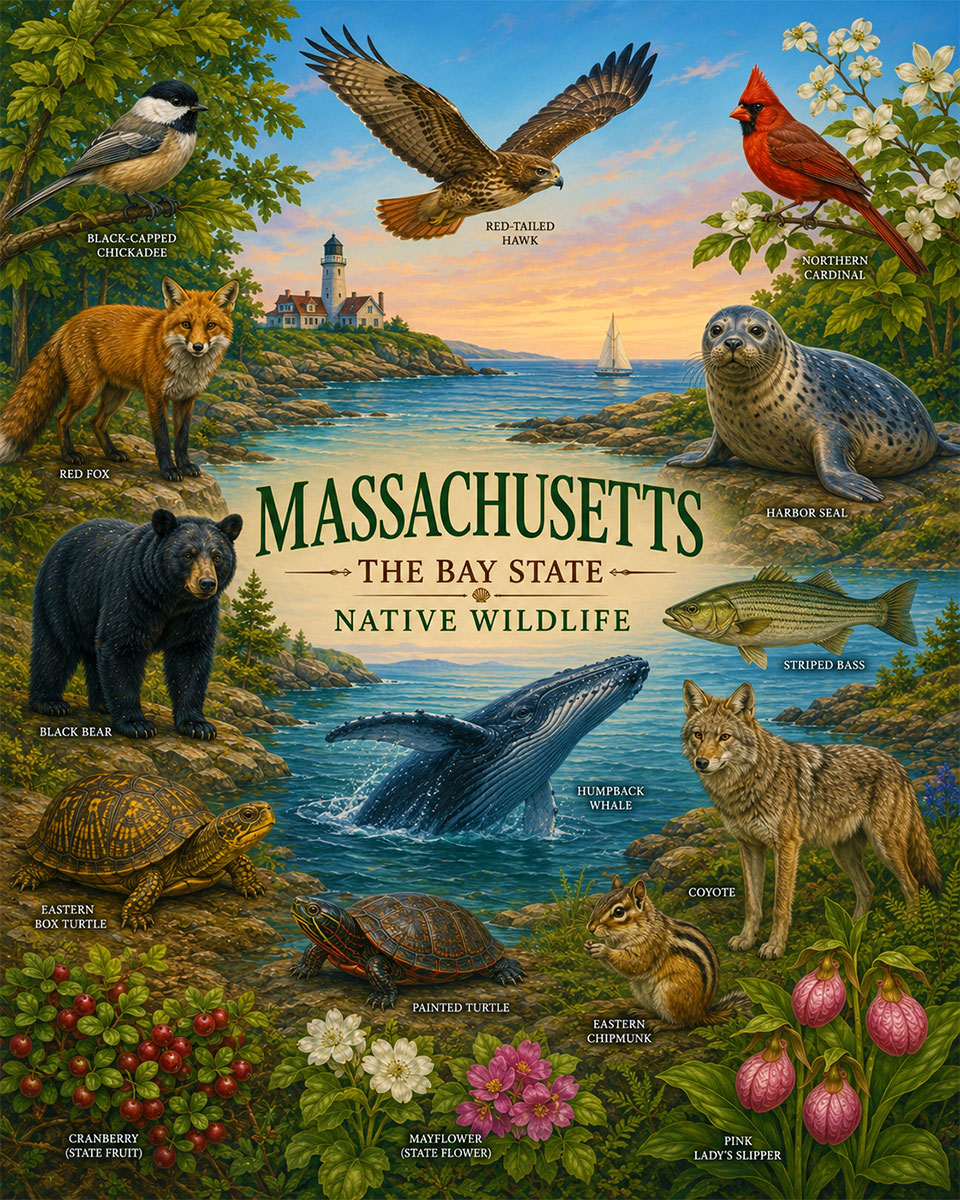 Massachusetts-Wildlife-Collage-Matted-Art-PrintQQCoastal-and-Woodland-Nature-Art