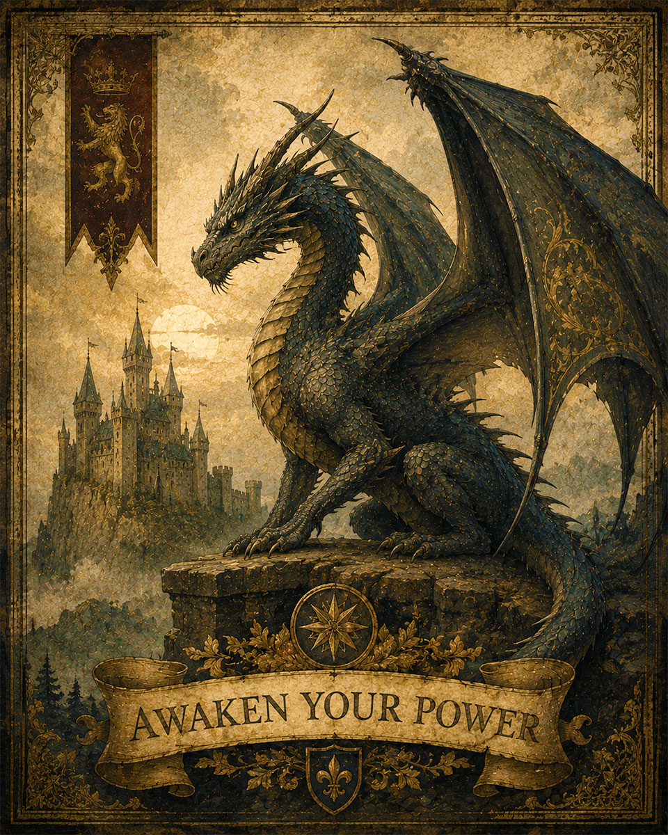 Medieval Castle Dragon - Awaken Your Power - Matted Art Print