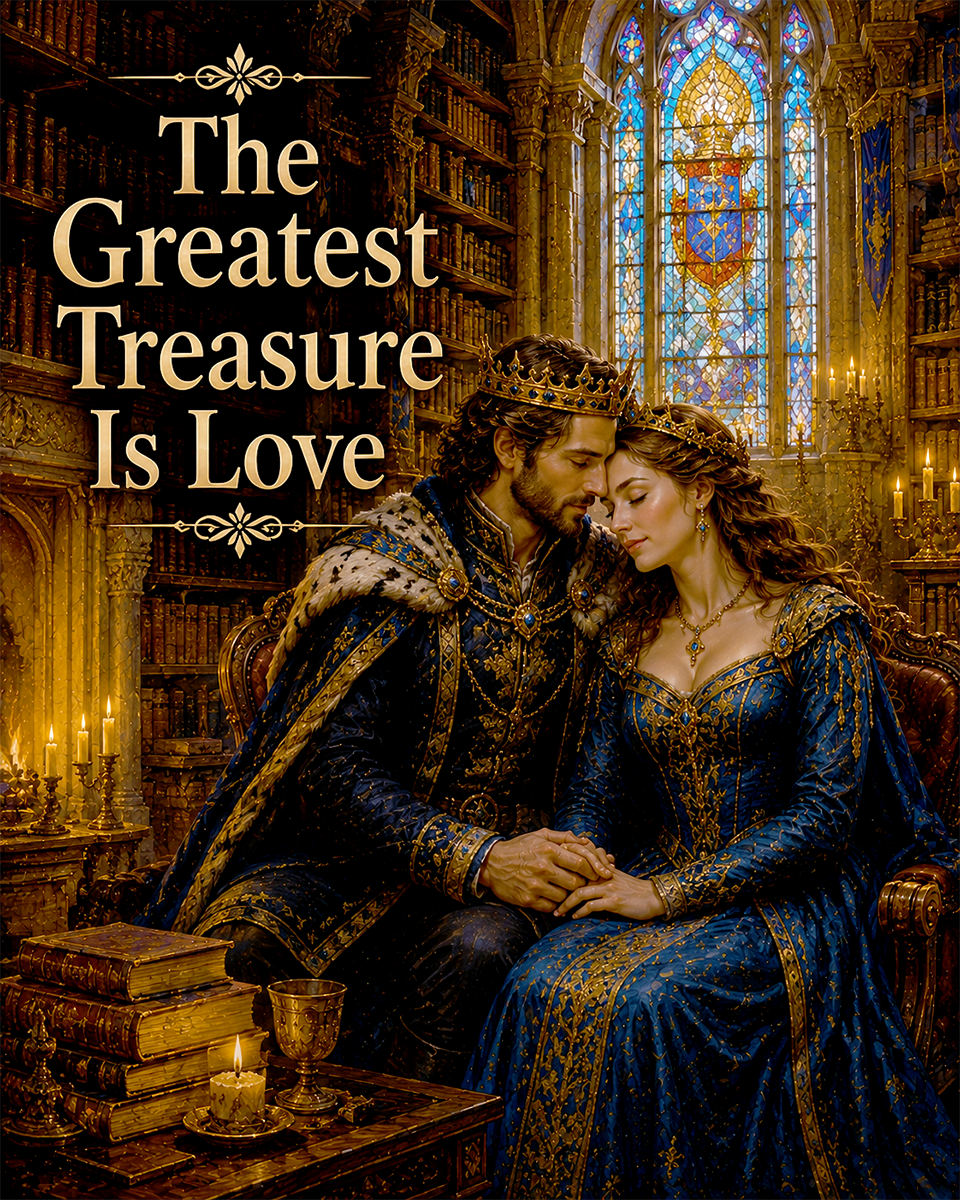 Medieval Library Wall Art Matted Art Print - The Greatest Treasure Is Love Fantasy Decor