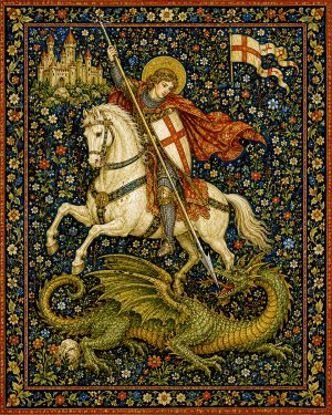 Medieval Tapestry St George Dragon Intricate Millefleur Background Matted Print