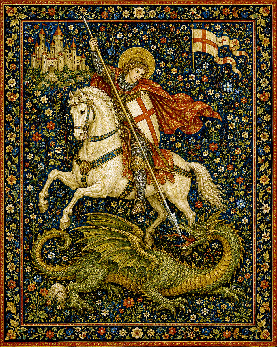 Medieval Tapestry St George Dragon Intricate Millefleur Background Matted Print