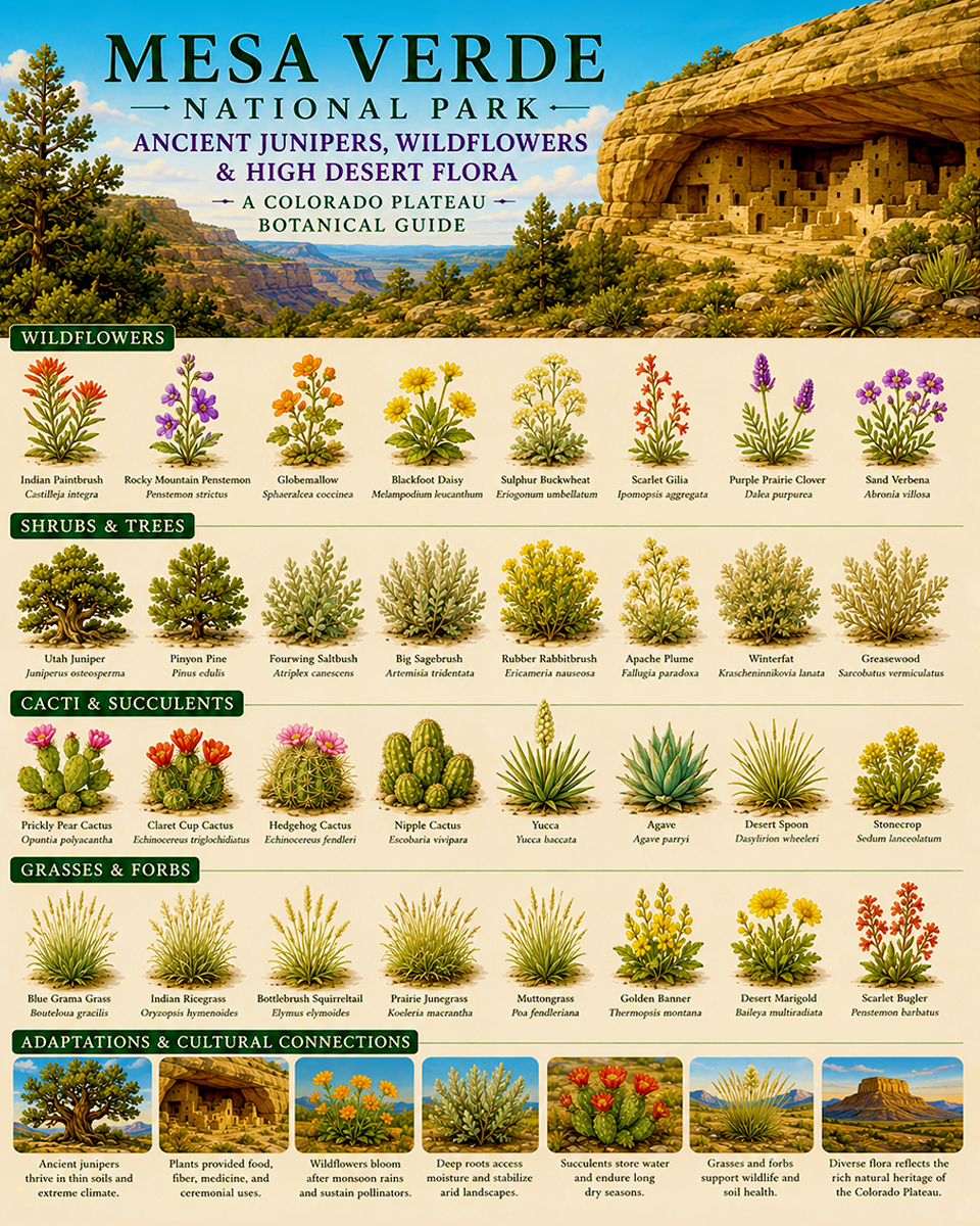 Mesa Verde Ancient Junipers Wildflowers & High Desert Flora Chart Matted Art Print - Colorado Plateau Botanical Guide