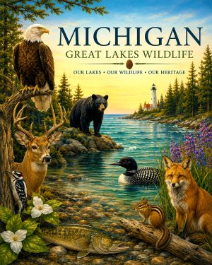 Michigan-Great-Lakes-Wildlife-Matted-Art-PrintQQForest-and-Shoreline-Animal-Artwork