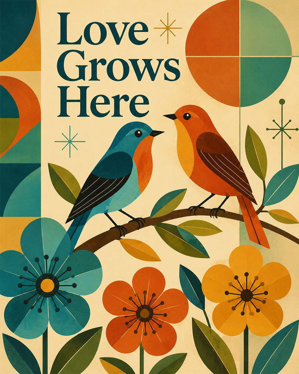 Mid Century Bird Wall Art Matted Art Print - Love Grows Here Retro Decor