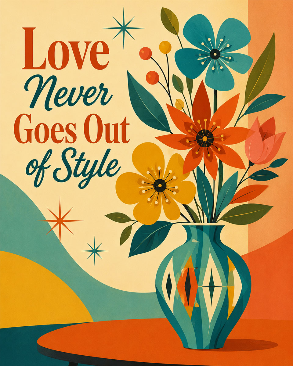 Mid Century Floral Wall Art Matted Art Print - Love Never Goes Out of Style Retro Decor
