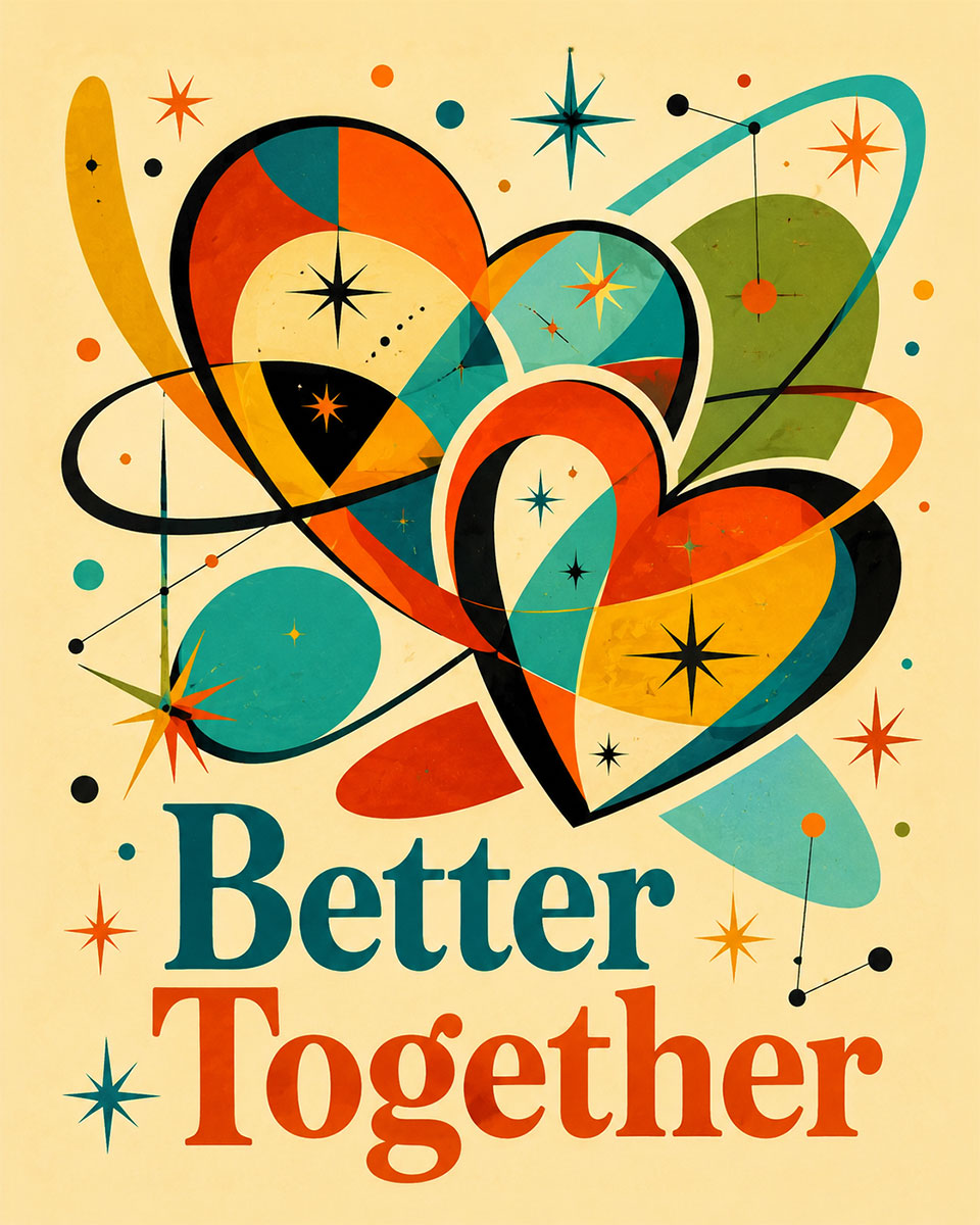 Mid Century Heart Wall Art Matted Art Print - Better Together Retro Love Decor