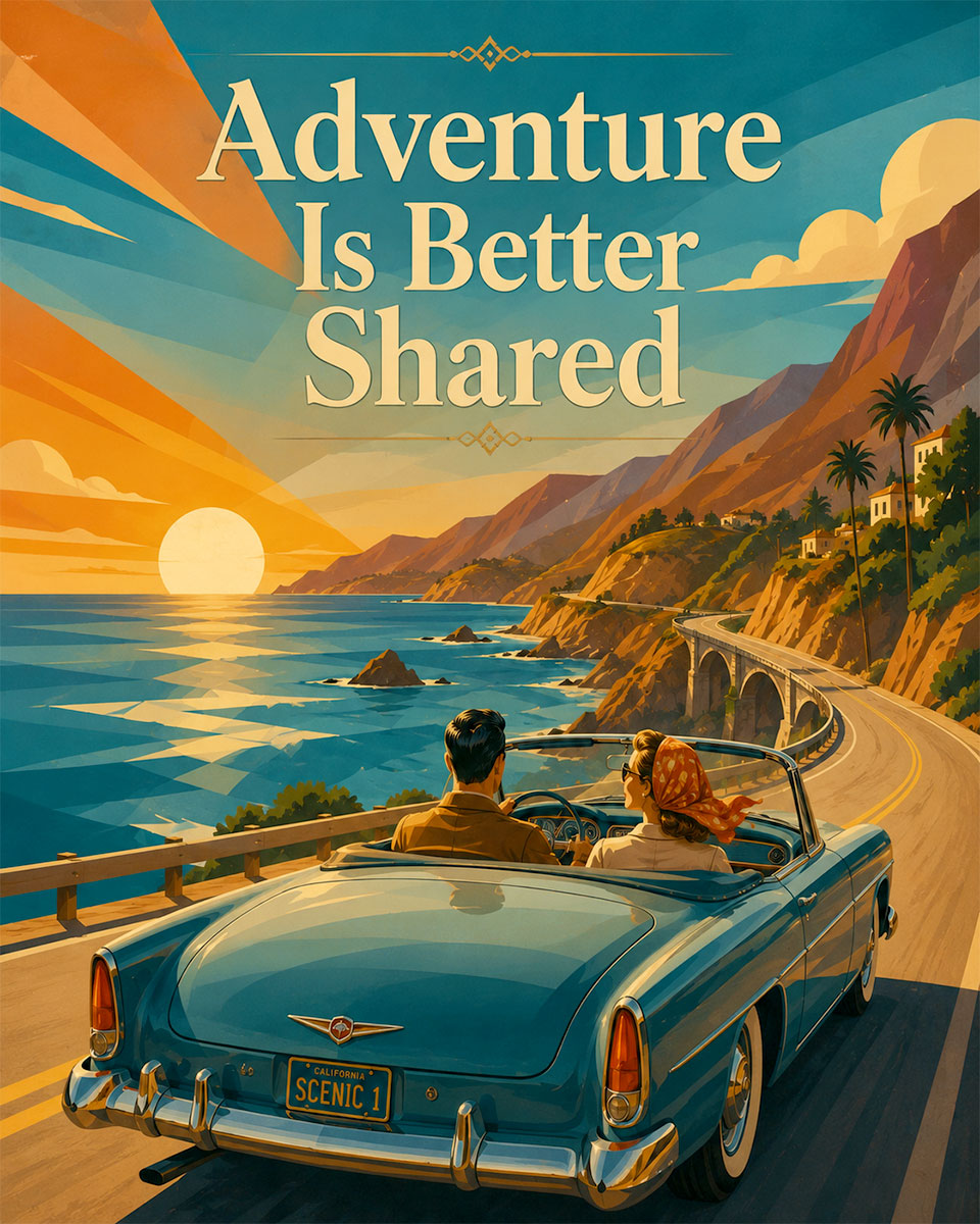 Mid Century Love Wall Art Matted Art Print - Adventure Is Better Shared Retro Travel Decor