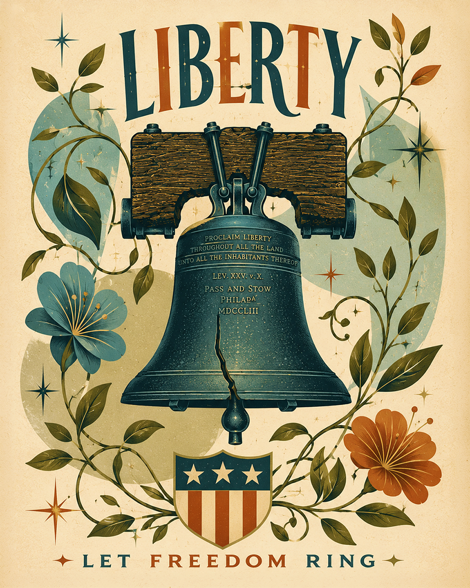 Mid Century Modern Botanical Liberty Bell with Vines Matted Art Print