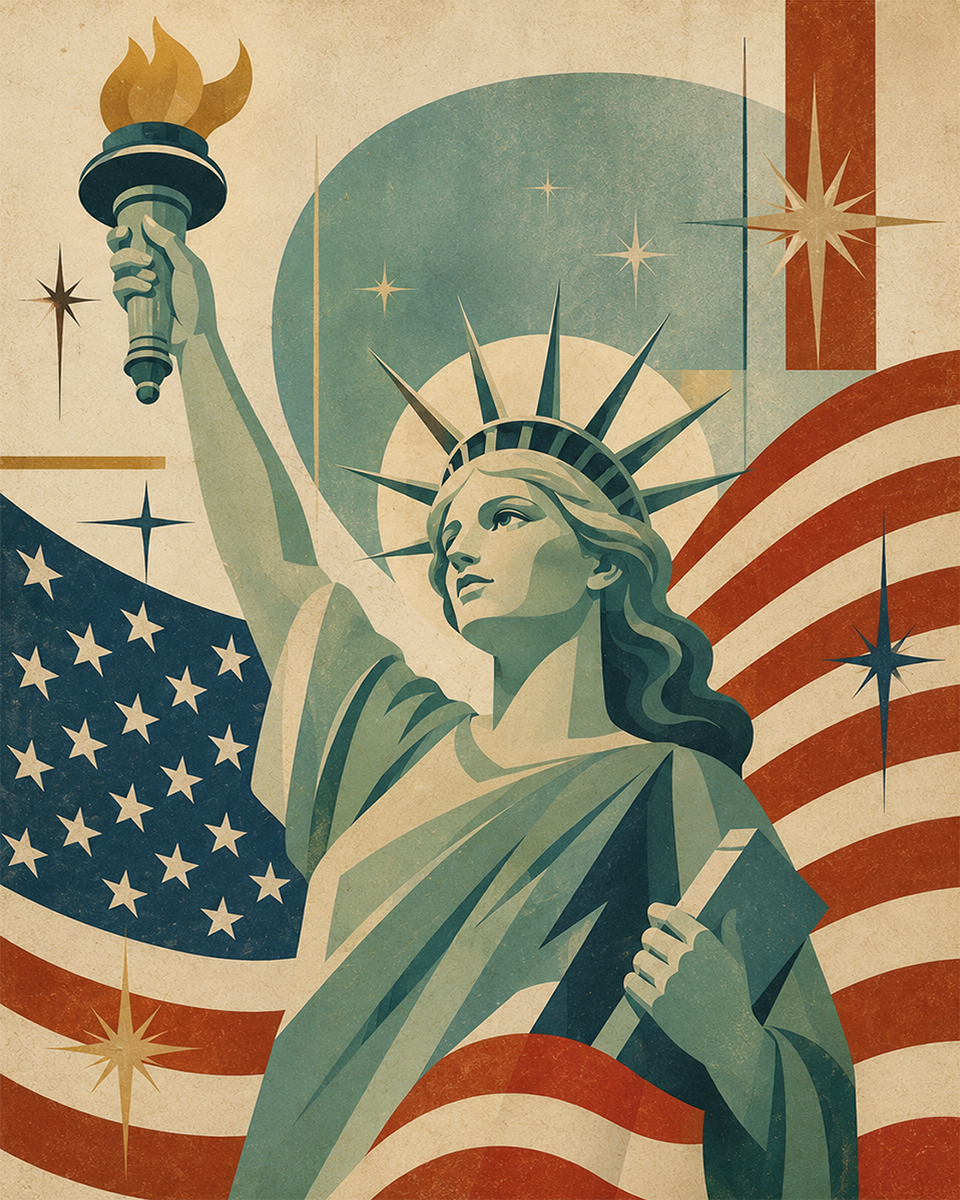 Mid Century Modern Goddess Liberty with Stars and Stripes Matted Art Print