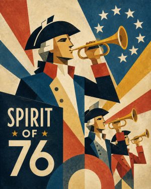 Mid Century Modern Spirit of 76 with Trumpets Matted Art Print