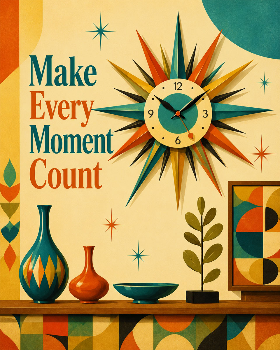 Mid Century Modern Wall Art Matted Art Print - Make Every Moment Count Retro Decor