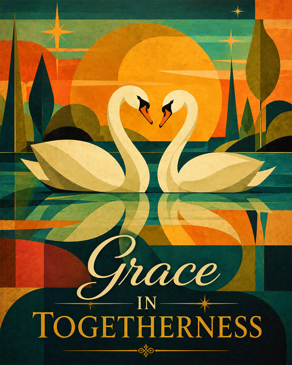 Mid Century Swan Wall Art Matted Art Print - Grace in Togetherness Retro Decor