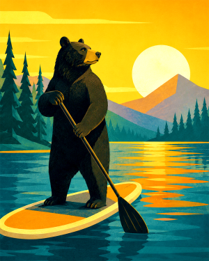 Mid-century-modern-styleQQNo-textQQBlack-Bear-Paddleboarding-at-Sunset-Matted-Art-PrintQQWholesale-High-Country-Travel-Decor.png