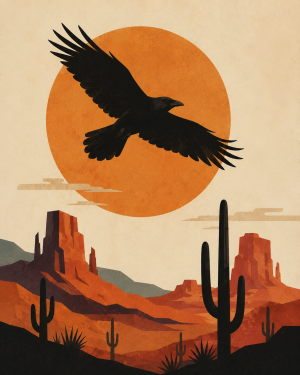 Minimalist Raven Over Sonoran Desert Southwestern Matted Art Print - Wholesale Retail Decor