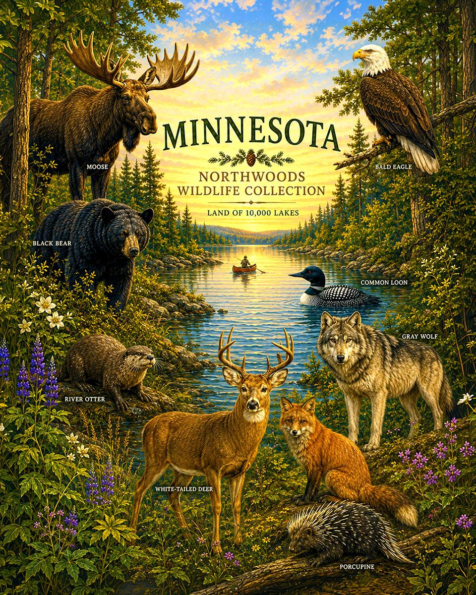 Minnesota-Northwoods-Wildlife-Collection-Matted-Art-PrintQQLoons-Wolves-and-Moose
