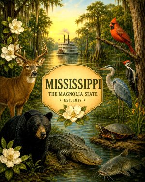 Mississippi-Native-Wildlife-Matted-Art-PrintQQSouthern-Forest-and-Wetland-Animals
